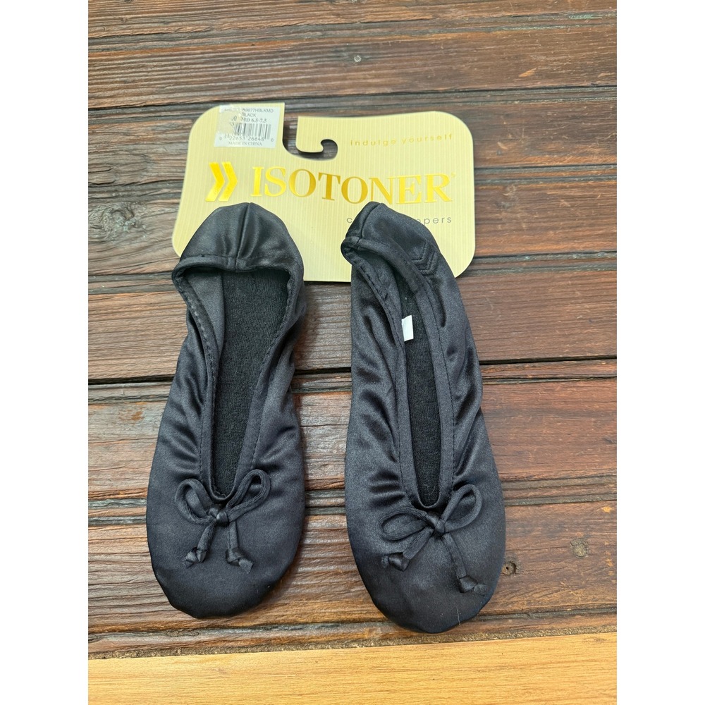 Isotoner Women Black Satin Ballerina Slippers Classic Bow A9877H Size M 6.5-7.5